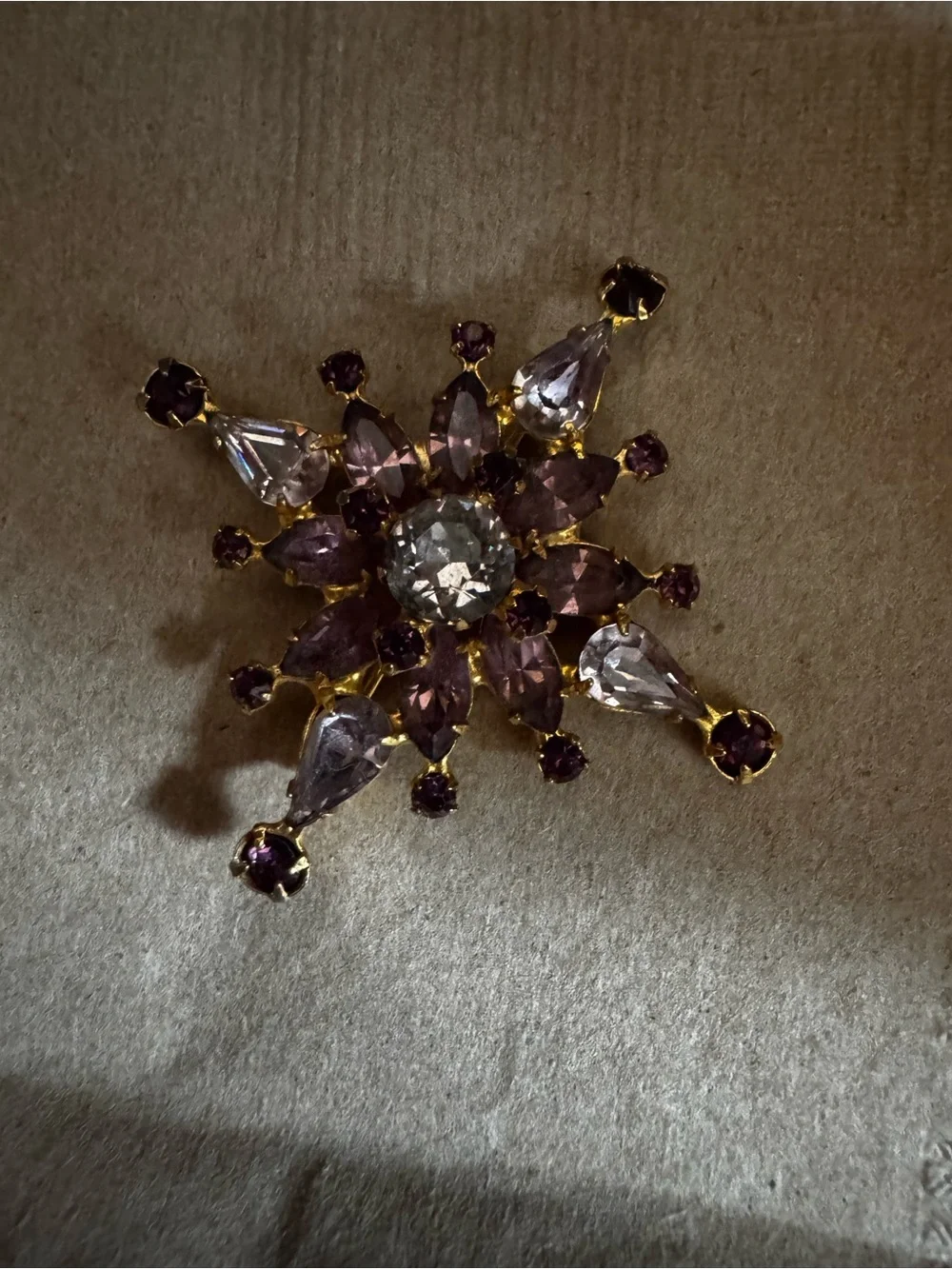 Gold-Tone Purple & Clear Crystal Snowflake Brooch